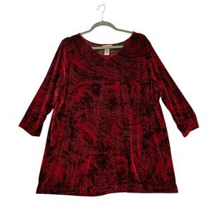 Catherines Red & Black Velvet Burnout Tunic 14/16W 3/4 Sleeve Stretch Poly Blend